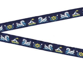 ANIMALS/Birds C-17-A Jacquard Ribbon Cotton Trim 5/8" Wide (16mm) VINTAGE Navy w/White Ducks, Yellow Flowers & Sailboats