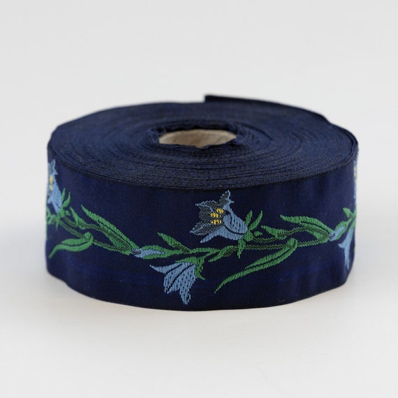 KAFKA G-02/05 Jacquard Ribbon Woven Organic Cotton Trim 1-1/4" Wide (32mm) Navy Background w/Blue & Yellow Bellflowers, Green Stems/Leaves