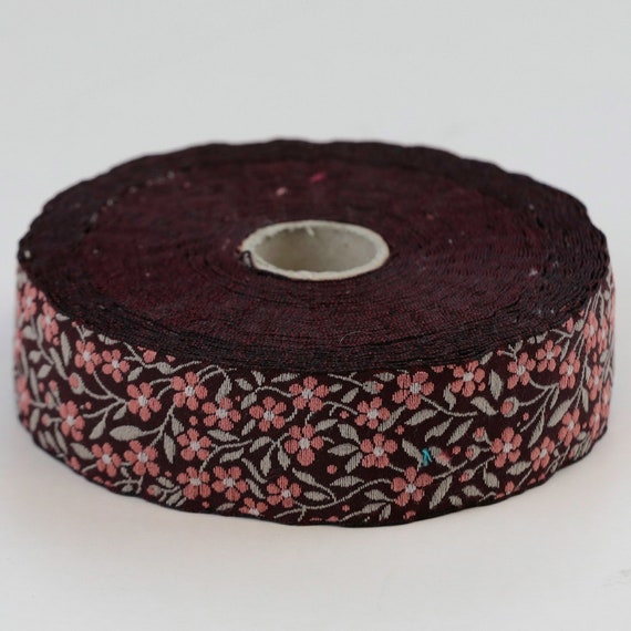 KAFKA F-01/30 Jacquard Ribbon Woven Organic Cotton Trim 1" wide (25mm) Reddish-Brown w/Apricot & White Forget-Me-Nots, Beige Leaves