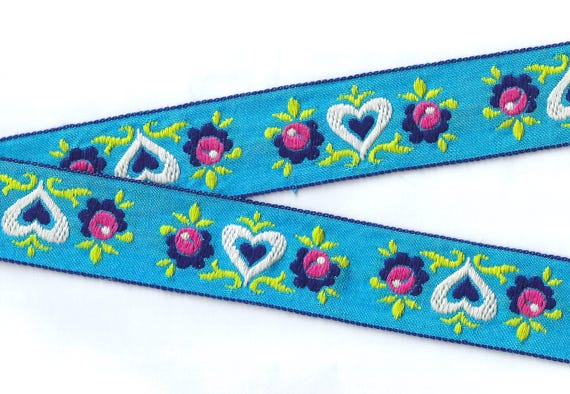 HEARTS/FLOWERS G-04-A Jacquard Ribbon Cotton Trim 1-3/8" wide (34mm) VINTAGE Blue w/White Hearts, Pink & Navy Flowers