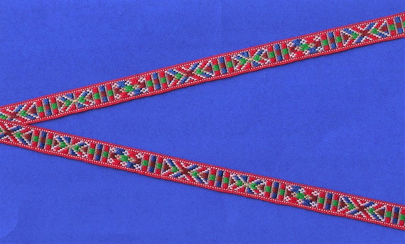 NATIVE AMERICAN B-15-B Jacquard Ribbon Poly Trim, 1/2" Wide (13mm) Red w/Multi-Colored Tribal Pattern, Per Yard