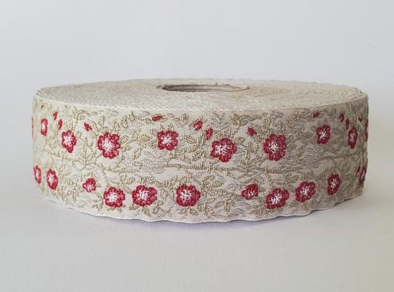 KAFKA F-02/16 Jacquard Ribbon Woven Organic Cotton Trim 1" wide (25mm) Beige Background w/Red Wild Dog Roses, Beige/Lt Gray Leaves & Vines