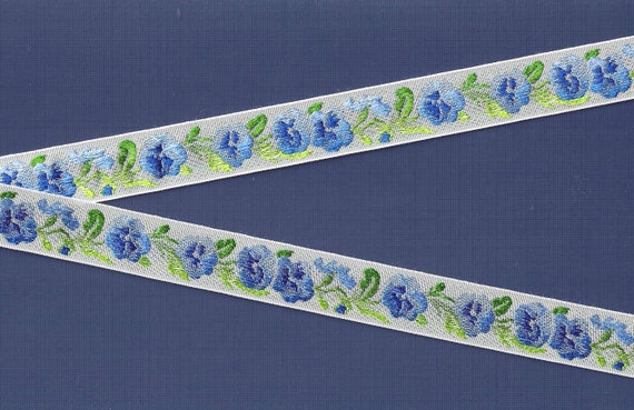 FLORAL E-09-A Jacquard Ribbon Rayon Trim 13/16" wide (21mm) From Switzerland, White w/Variegated Blue Pansy Flowers Variegated Green Leaves