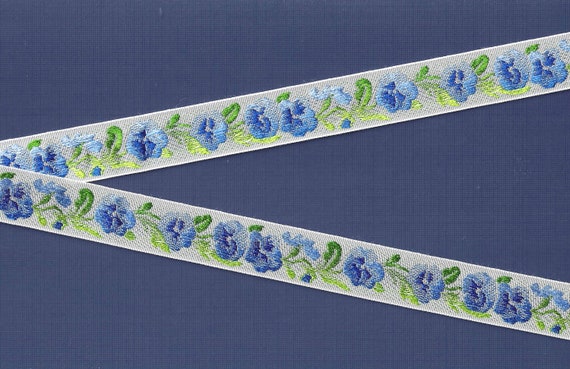 FLORAL E-09-A Jacquard Ribbon Rayon Trim 13/16" wide From Switzerland White w/Variegated Blue Pansy Flowers Variegated Green Leaves Per Yard