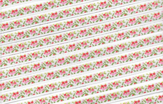 FLORAL A-05-H Jacquard Ribbon Rayon Trim 5/16" wide (7mm) From Switzerland, White w/Red & Pink Flowers