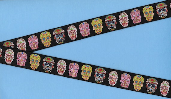 NOVELTY/Skulls E-06-A Jacquard Ribbon Polyester Trim,7/8" Wide (22mm) Black w/Pink, Yellow & White Floral Patterned Skulls, Per Yard