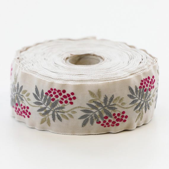 KAFKA G-05/14 Jacquard Ribbon Organic Cotton Trim 1-1/4" wide (32mm) Lt Gray w/Plum Purple Berries