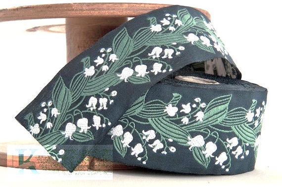 KAFKA H-02/06 Jacquard Ribbon Woven Organic Cotton Trim 1-1/2" wide (38mm) Teal Gray w/White Lilies of the Valley, Green Leaves