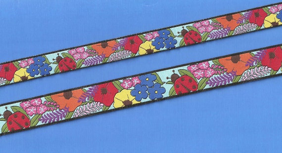 RDS 13-A Jacquard Ribbon Poly Trim (w/Border) Poppies Lupine Fireweed Forget-me-Nots Ladybugs 5/8" (16mm) 7/8" (22mm) Width/Length Options