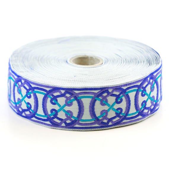 KAFKA G-11/05 Jacquard Ribbon Woven Organic Cotton Trim 1-1/4" wide (32mm) Lt Gray w/Turquoise, Lilac & Royal Blue Celtic Circles