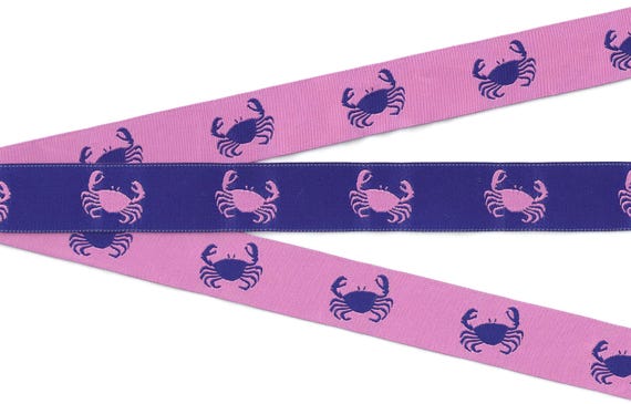 ANIMALS/Water E-02-C Jacquard Ribbon Poly Trim 7/8" wide (22mm) REVERSIBLE Pink w/Blue Crabs