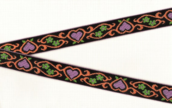 HEARTS/FLOWERS E-10-G Jacquard Ribbon Trim, Cotton, 15/16" Wide, Nordic, Black Ground, Lilac Hearts, Green Flowers, Orange Scrolls
