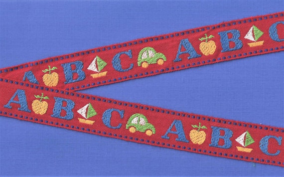CHILDREN's F-03-E Jacquard Ribbon Woven Cotton Trim 1" Wide (25mm) Red Background w/Large ABC Pattern in Blue, Green & Yellow, Per Yard
