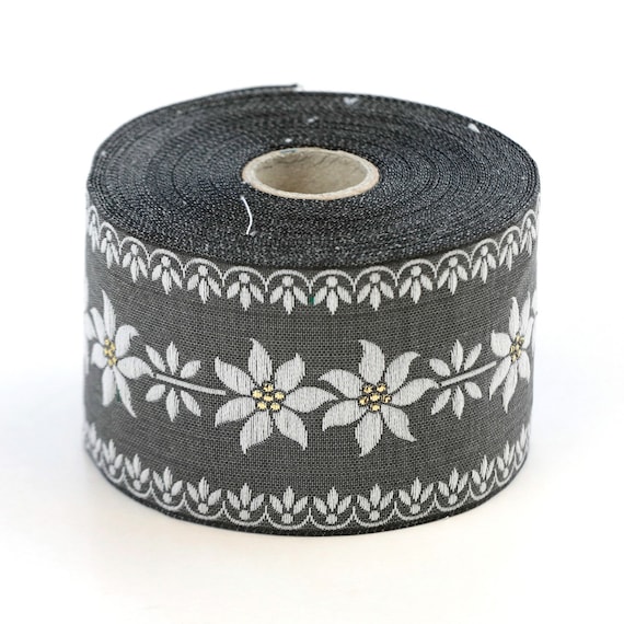 KAFKA K-08/04 Jacquard Ribbon Woven Organic Cotton Trim 2" wide (50mm) Dark Gray w/Large White Edelweiss Flowers (Center) Gold Accents