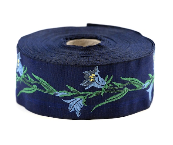 KAFKA G-02/05 Jacquard Ribbon Woven Organic Cotton Trim 1-1/4" Wide (32mm) Navy Background w/Blue & Yellow Bellflowers, Green Stems/Leaves