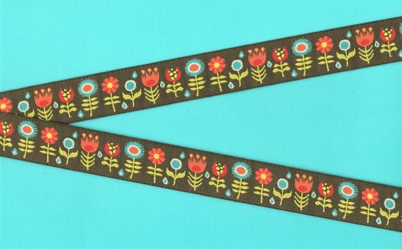 FLORAL E-19-A Jacquard Ribbon Poly Trim 7/8" wide (22mm) Jessica Jones Renaissance Ribbons, Brown w/Blue, Red & Orange Flowers, Green Leaves