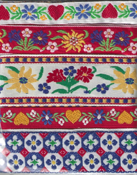 RIBBON PAK-125 Jacquard Ribbon Cotton Trim (5yds) 1yd ea of 5 Floral/Heart Designs