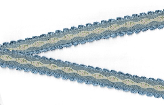 FLORAL F-09-E Jacquard Ribbon Rayon Trim 7/8" wide (22mm) VINTAGE Dusty Blue w/Variegated Pink Flowers, Fringe Edging