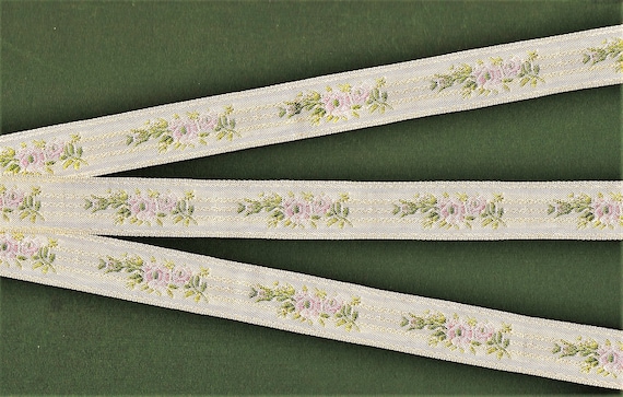 VINTAGE FLORAL D-01-C Jacquard Ribbon Rayon Trim 3/4" Wide (20mm) Cream w/Striped Background Variegated Pink Flowers, Olive Leaves