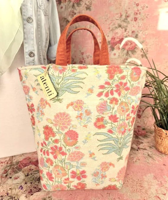 ATENTI "GEMMA" Peach, Apricot, Teal & Ivory Floral, Hope Basket Needle Arts/Knitting Project Bag, Handmade USA