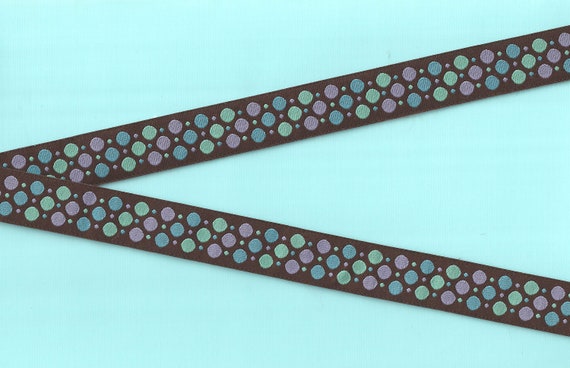 POLKA DOTS D-06-A Jacquard Ribbon Poly Trim 3/4" wide (20mm) Douglas Paguette, Brown Background w/Lilac, Aqua & Teal Polka Dots