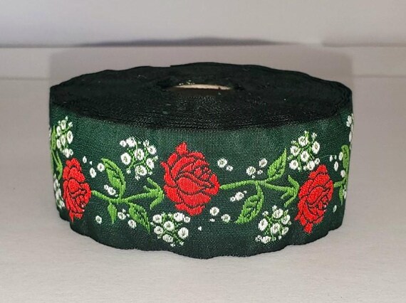 KAFKA G-08/01 Jacquard Ribbon Woven Organic Cotton Trim 1-1/4" wide (32mm) Green Background w/Red Roses & White Gypsophila, Holiday Colors