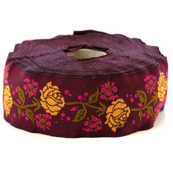 KAFKA G-08/06 Jacquard Ribbon Woven Organic Cotton Trim 1-1/4" wide (32mm) Plum Background w/Yellow Roses, Pink Gypsophila