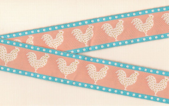 ANIMALS/Farm H-01 Jacquard Ribbon Cotton Trim 1-1/2" Wide (38mm) Peach w/Teal Border & White Dots, White Chickens Yellow Dots