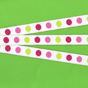 POLKA DOTS C-22-F Jacquard Ribbon Poly Trim 5/8&quot; wide (16mm) White Background w/Lime Green, Rose Pink and Dark Pink Dots