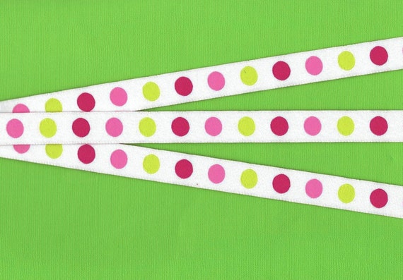 POLKA DOTS C-22-F Jacquard Ribbon Poly Trim 5/8" wide (16mm) White Background w/Lime Green, Rose Pink and Dark Pink Dots