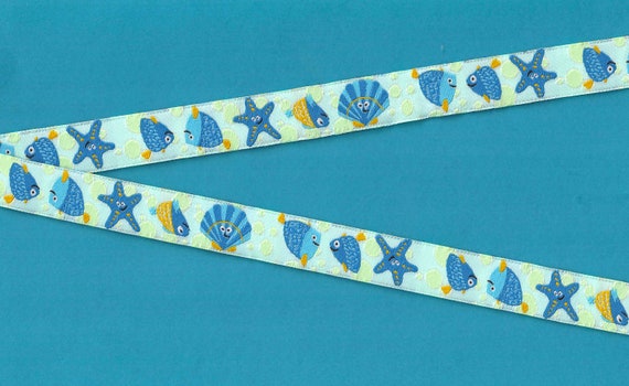 ANIMALS/Water C-14-B Jacquard Ribbon Poly Trim 5/8" Wide (16mm) Made in Germany, Ocean Theme Fish/Seashells on Mint Orange Accents