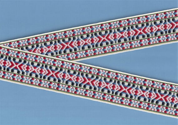 NATIVE AMERICAN K-05-B Jacquard Ribbon Poly/Cotton Trim 2" Wide (50mm) REVERSIBLE White w/Red Blue Black & Yellow Accents, Per Yard