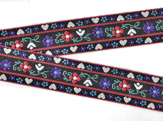 HEARTS/FLOWERS H-18 Jacquard Ribbon Poly Trim, 1-7/16" Wide (48mm) Black w/Red, Purple, White & Blue Flowers, Small White Hearts