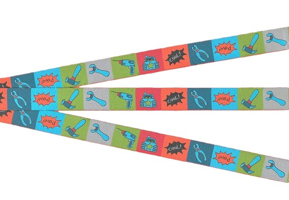 CHILDREN's C-18-A Jacquard Ribbon Poly Trim 5/8" wide (16mm) FARBENMIX Multi-Colored Blocks w/Tools, Cars & Words