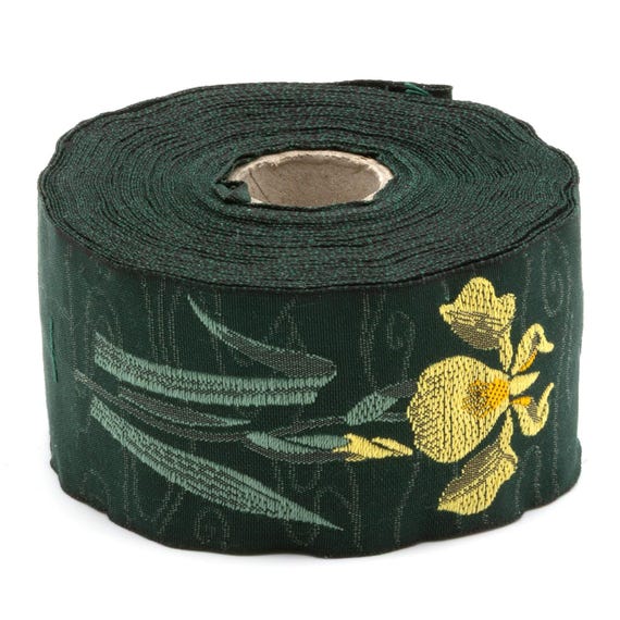 KAFKA H-10/23 Jacquard Ribbon Organic Cotton Trim 1-5/8" wide (40mm) Green w/Yellow Irises