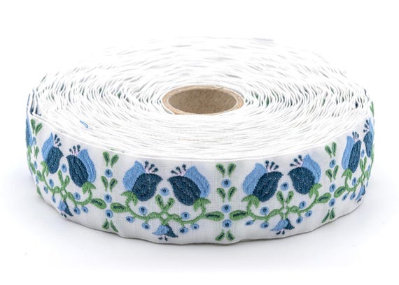 KAFKA F-18/06 Jacquard Ribbon Woven Organic Cotton Trim 1" wide (25mm) White Background w/Variegated Blue Bellflowers, Green Leaves