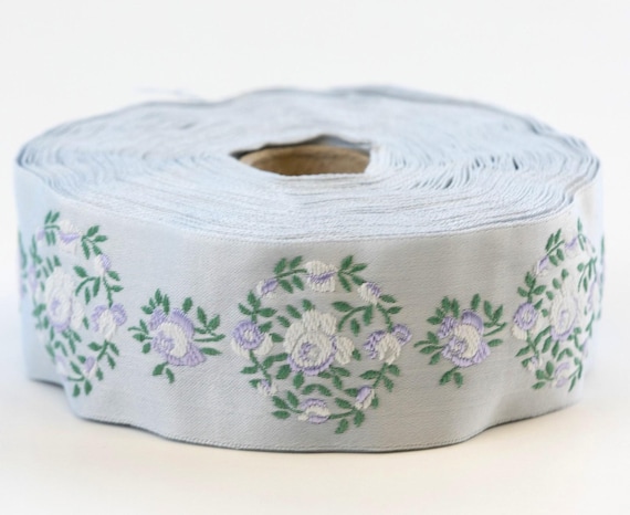 KAFKA G-30/04 Jacquard Ribbon Woven Organic Cotton Trim 1-1/4" wide (32mm) "Rose Wreath" Pale Gray Satin, Lilac/White Flowers & Greenery