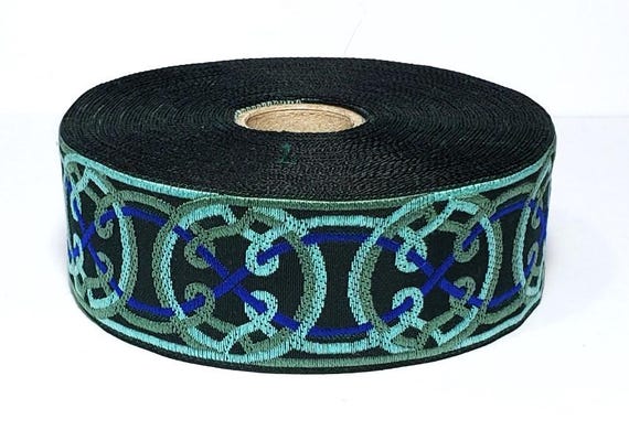KAFKA G-11/44 Jacquard Ribbon Woven Organic Cotton Trim 1-1/4" wide (32mm) Green w/Royal Blue, Mint & Sage Green Celtic Circles