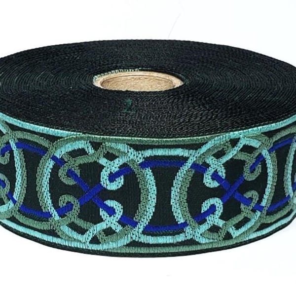Cinta jacquard KAFKA G-11/44 de algodón orgánico, 32 mm de ancho (1-1/4"), verde con círculos celtas en azul real, menta y salvia