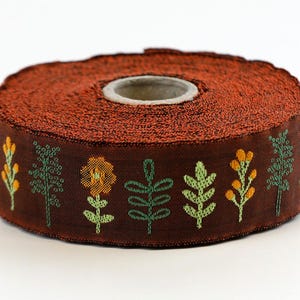 KAFKA F-12/04 Jacquard Ribbon Woven Organic Cotton Trim 1&quot; wide (25mm) Autumn Shades w/Orange & Pale Green Flowers, Green Stems/Leaves