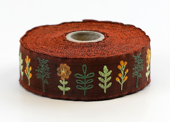 KAFKA F-12/04 Jacquard Ribbon Woven Organic Cotton Trim 1" wide (25mm) Autumn Shades w/Orange & Pale Green Flowers, Green Stems/Leaves