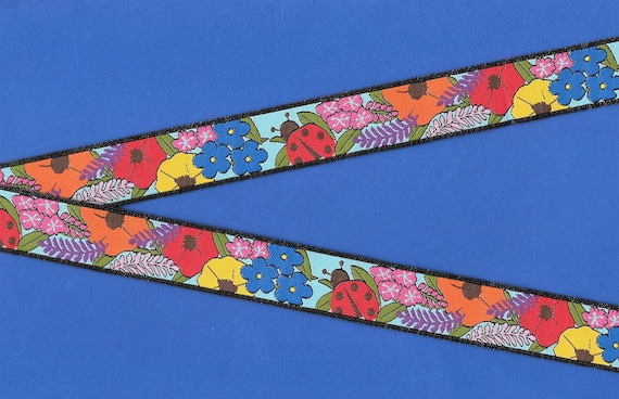 FLORAL E-13-B Jacquard Ribbon Polyester Trim 7/8" wide (22mm) Arctic Poppies, Lupine, Fireweed, Forget-Me-Nots & Ladybug, Per Yard