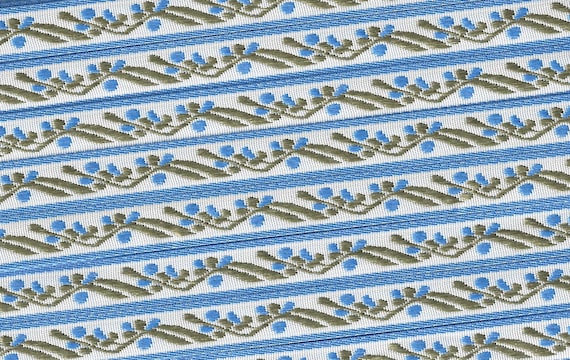 FLORAL B-15-A Jacquard Ribbon Polyester Trim 1/2" wide (13mm) White Background w/Blue Flowers, Olive Green Leaves