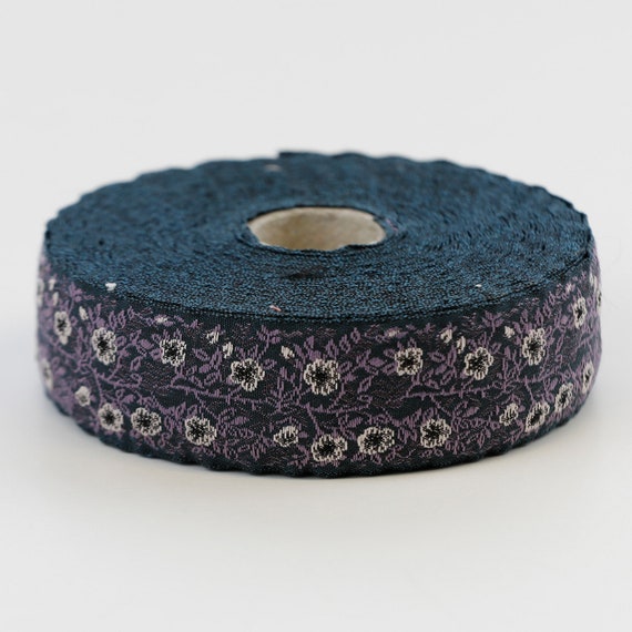 KAFKA F-02/11 Jacquard Ribbon Woven Organic Cotton Trim 1" wide (25mm) Dark Teal Blue Background w/Cream & Brown Wild Roses, Purple Leaves