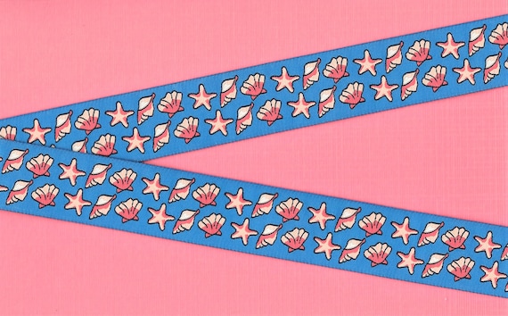NOVELTY/Beach G-10-A Jacquard Ribbon Poly Trim 1-1/8" wide (28mm) Blue Background w/Assorted Seashells in Shades of Coral