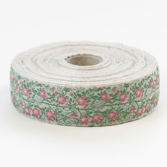 KAFKA F-02/03 Jacquard Ribbon Woven Organic Cotton Trim 1" wide (25mm) Beige w/Dusty Rose Pink Dog Roses, 2-Tone Bright Green Leaves