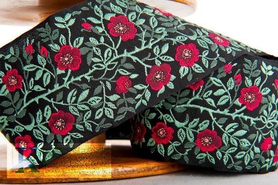 KAFKA L-01/67 Jacquard Ribbon Cotton Trim, 2-3/8" wide (60mm) From Germany, Red Dog Roses on Black, Green/Gray Leaves & Vines, Per Yard