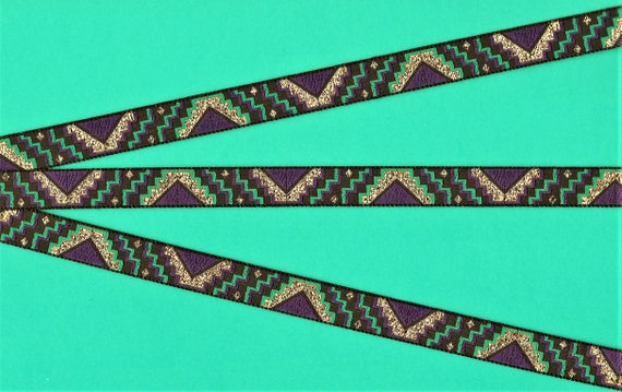 METALLIC B-10-B Jacquard Ribbon Poly Trim, 1/2" Wide (13mm) Black w/Purple, Green and Metallic Gold Southwest Design