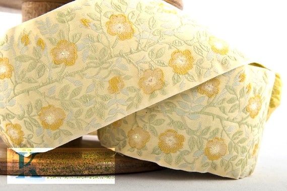 KAFKA L-01/22 Jacquard Ribbon Organic Cotton Trim 2-3/8" wide (60mm) Yellow w/Yellow Metallic Roses