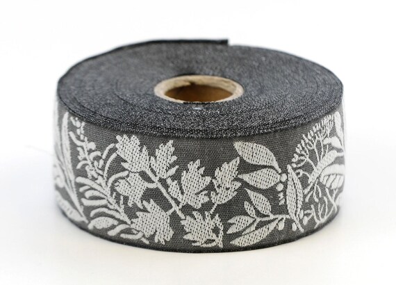 KAFKA G-23/06 Jacquard Ribbon Woven Organic Cotton Trim 1-1/4" wide (32mm) Medium Gray Background with White Herbs, French Country